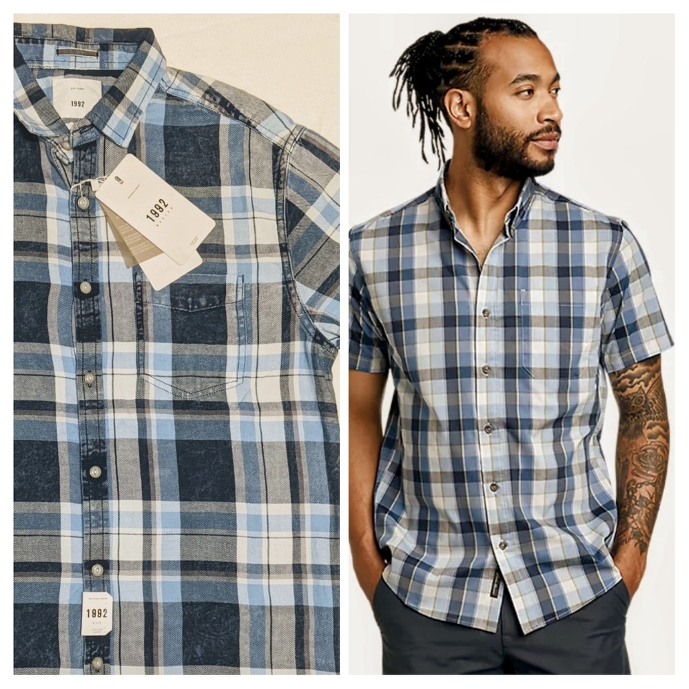 ZIP CODE 1992 Plaid Lightweight Denim Short Sleeve Button Down Cotton Sm NWT